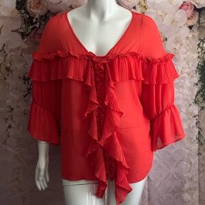 26/28- Grommeted Ruffle Pleated Coral/Orange Blouse- NWOT